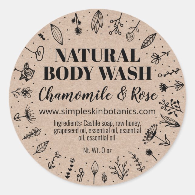 Floral Natural Homemade Body Wash Labels Runder Aufkleber (Vorderseite)