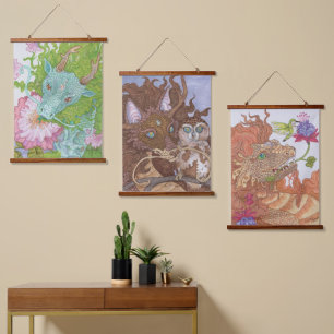 Floral Nature Dragon Triptych Wandteppich Mit Holzrahmen