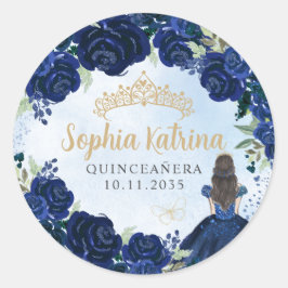 Floral Navy Blue Gold Quinceanera Birthday Favor Runder Aufkleber