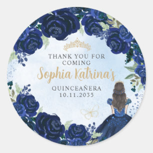 Floral Navy Blue Gold Quinceanera Birthday Gevor Runder Aufkleber