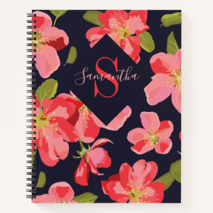 Floral Navy Blue Monogram Name Botanic Notizbuch