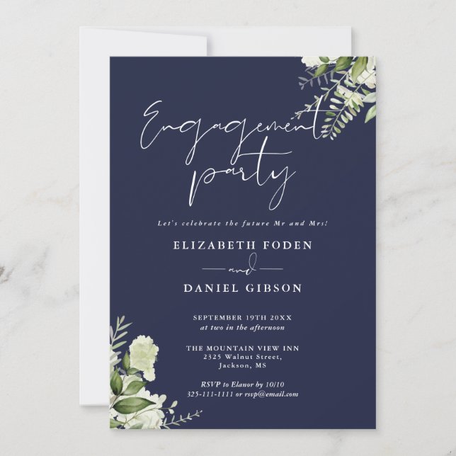 Floral Navy Blue Script Engagement Party Einladung (Vorderseite)