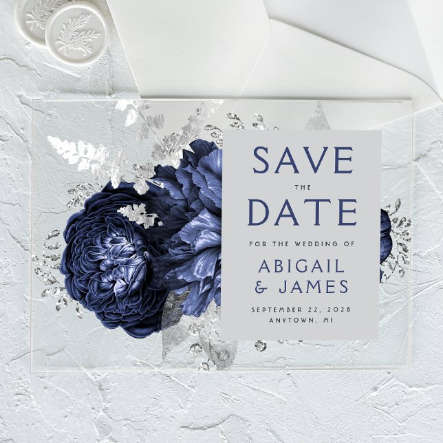 Floral Navy Blue Silver Wedding Save the Date Acryleinladungen (Von Creator hochgeladen)