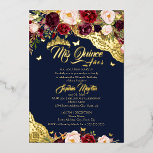 Floral Navy Burgunder Gold Spitze Quinceanera Folieneinladung