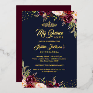 Floral Navy Burgundy Red Gold Quinceanera Folieneinladung