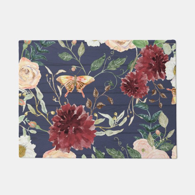 Floral Navy Burgundy Rustic Wood w Leaf Foliage  Fußmatte (Vorderseite)
