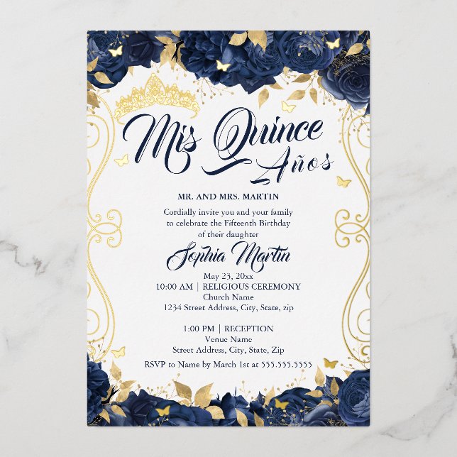 Floral Navy Garden Gold Mis Quince Quinceanera Folieneinladung (Vorderseite)