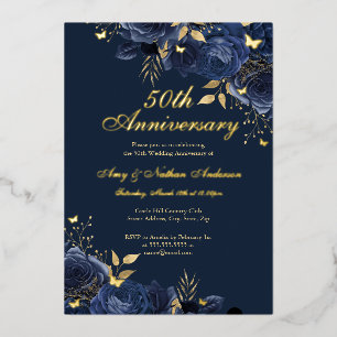 Floral Navy Gold 50. Hochzeitstag Folieneinladung