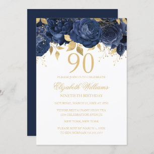 Floral Navy Gold Rose 90. Geburtstag Einladung