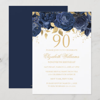Floral Navy Gold Rose 90. Geburtstag Einladung