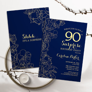 Floral Navy Gold Überraschung 90. Geburtstagsparty Einladung