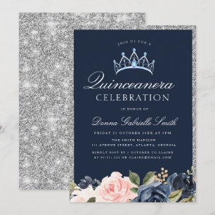 Floral Navy und Silber quinceanera Einladung