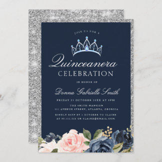 Floral Navy und Silber quinceanera Einladung