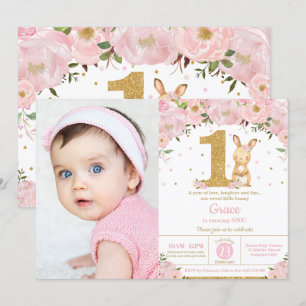 Floral Niedlich Bunny Rabbit Girl 1. Geburtstag Fo Einladung