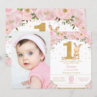 Floral Niedlich Bunny Rabbit Girl 1. Geburtstag Fo Einladung