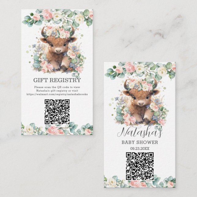 Floral Niedlich Highland Cow Baby Gift Registry QR Begleitkarte (Vorne/Hinten)