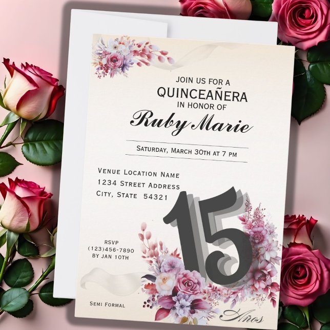 Floral Number 15 Rose Tones Quinceanera Invitation Einladung (Von Creator hochgeladen)