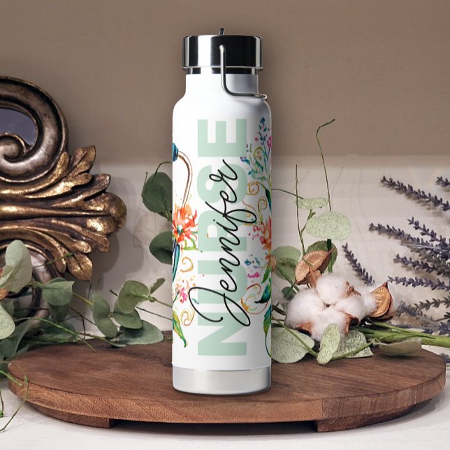 Floral Nurse Mädchen geben Name Tumbler Wasser Fla Trinkflasche (Von Creator hochgeladen)