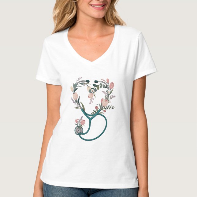 Floral Nurse Stethoscope T-Shirt – Soft Pastel  (Vorderseite)