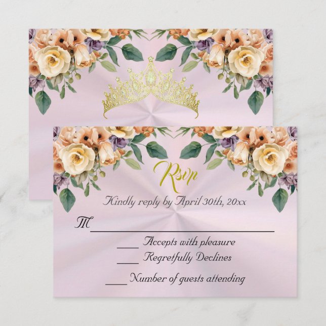 Floral on Pastel Pink Quinceanera RSVP Karte (Vorne/Hinten)