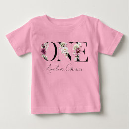 Floral ONE Baby Girl's 1. Geburtstag + Name Outfit Baby T-shirt