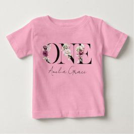 Floral ONE Baby Girl's 1. Geburtstag + Name Outfit T-shirt