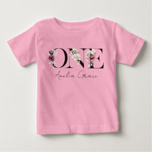Floral ONE Baby Girl's 1. Geburtstag + Name Outfit T-shirt