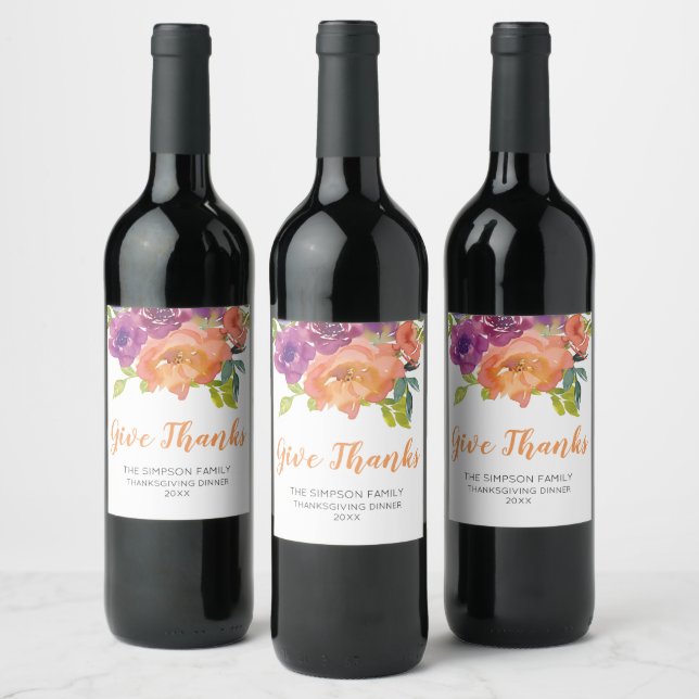 Floral Orange and Purple Give Thanks Wine Label  Weinetikett (Flaschen)