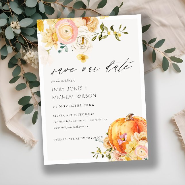 Floral Orange Autumn Pumpkin Save the Date einlade Dankeskarte (Von Creator hochgeladen)