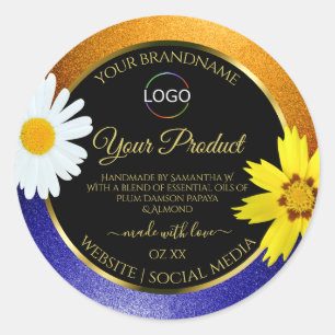 Floral Orange Blue Black Product Labels mit Logo Runder Aufkleber