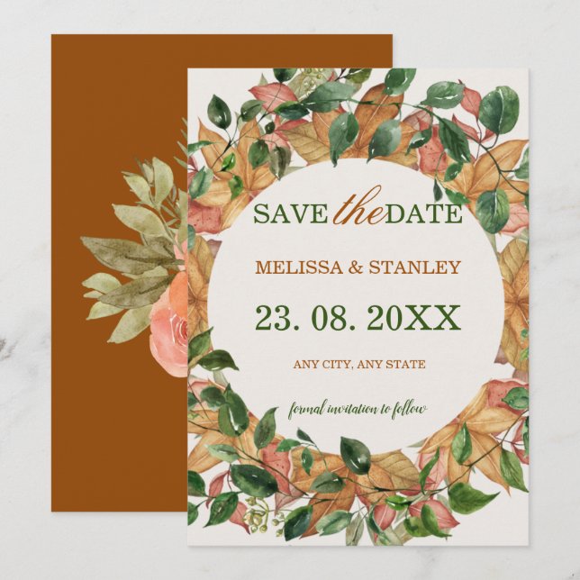 Floral Orange Grüne Wasserfarbe Rustikal Save The Date (Vorne/Hinten)