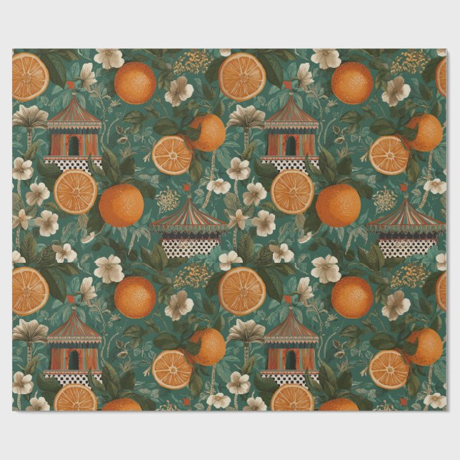 Floral Oranges Decorative Gift Wrapping Paper Geschenkpapier (Flach)