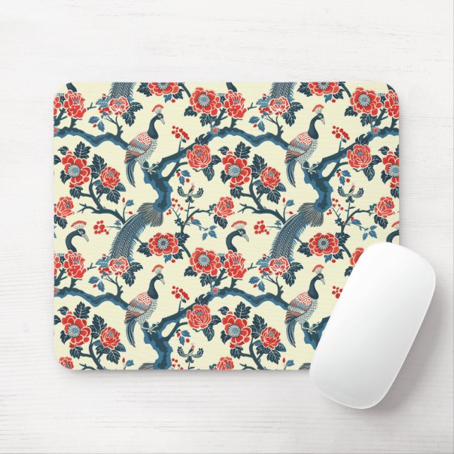 Floral Oriental Peacock Japandi Stil Mousepad (Mit Mouse)