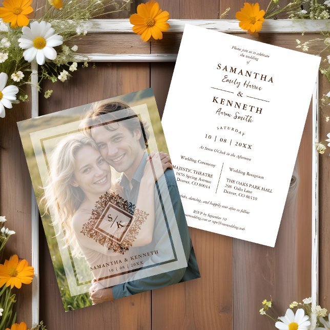 Floral Ornate Frame Diamond Shape Wedding Initials Einladung (Floral Ornate Frame in Diamond Shape with Initials Photo Wedding Invitation Card with Vellum.)