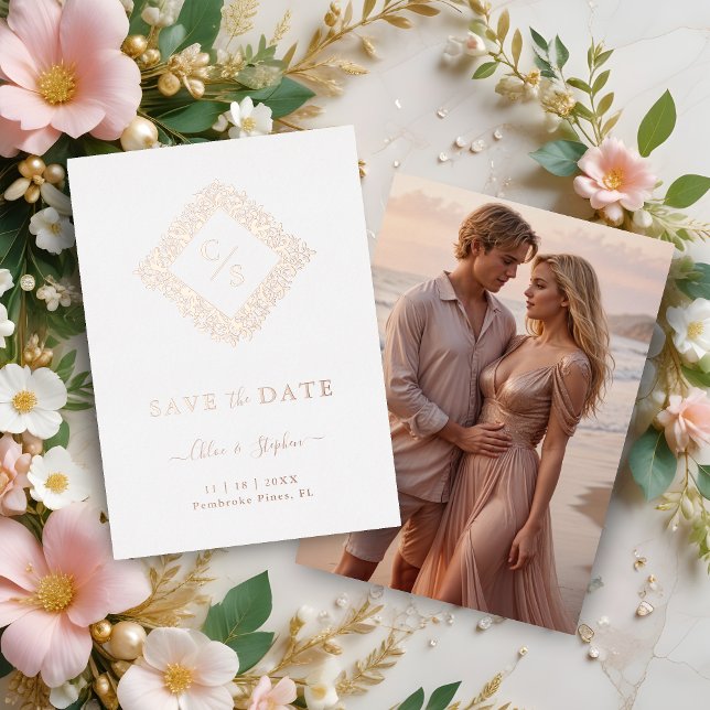 Floral Ornate Frame Diamond Shape Wedding Initials Folieneinladung (Floral Ornate Frame in Diamond Shape with Initials Photo Wedding Rose Gold  Foil Save the Date.)