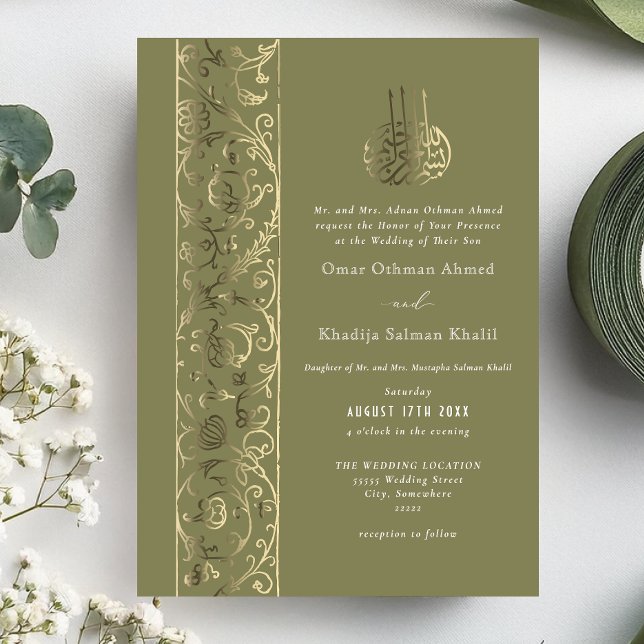 Floral Ornate Olive Green Gold Islamic Wedding Folieneinladung (Von Creator hochgeladen)