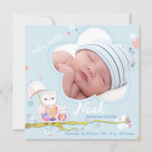 Floral Owls Blue Baby Boy Foto Birth Ankündigung