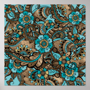 Floral Paisley Muster - aquamarin und goldgelb Poster