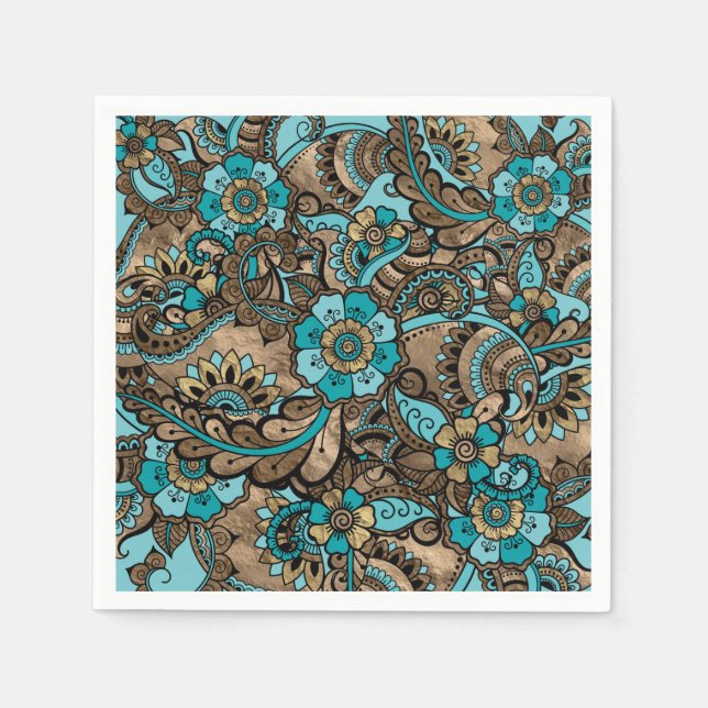 Floral Paisley Muster - aquamarin und goldgelb Serviette (Vorderseite)