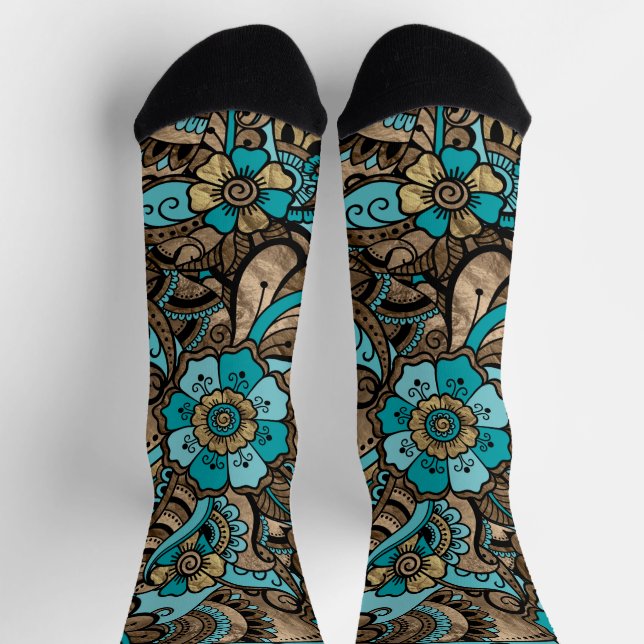 Floral Paisley Muster - aquamarin und goldgelb Socken (Oben)
