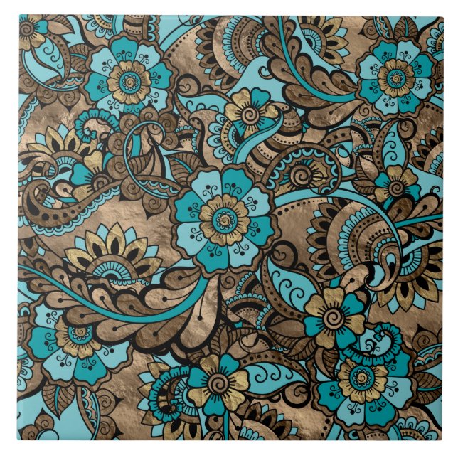 Floral Paisley Pattern - aquamarine und goldene Fliese (Vorderseite)