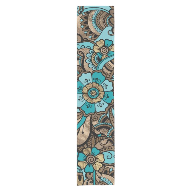 Floral Paisley Pattern - aquamarine und goldene Kurzer Tischläufer (Vorderseite)