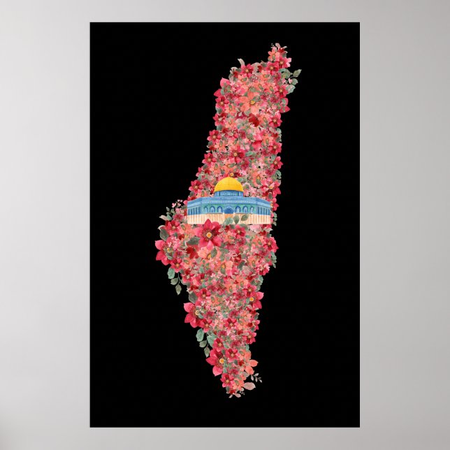 Floral Palestine map Kuppel Rock al Quads Geschenk Poster (Vorne)