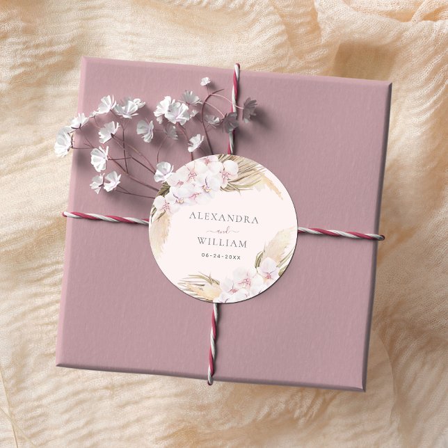 Floral Pampas Grass Tropical Wedding Runder Aufkleber (Von Creator hochgeladen)