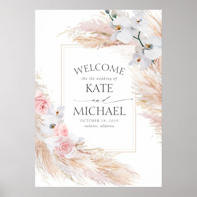Floral Pampas Grass Tropical Wedding Willkommen Poster (Vorne)