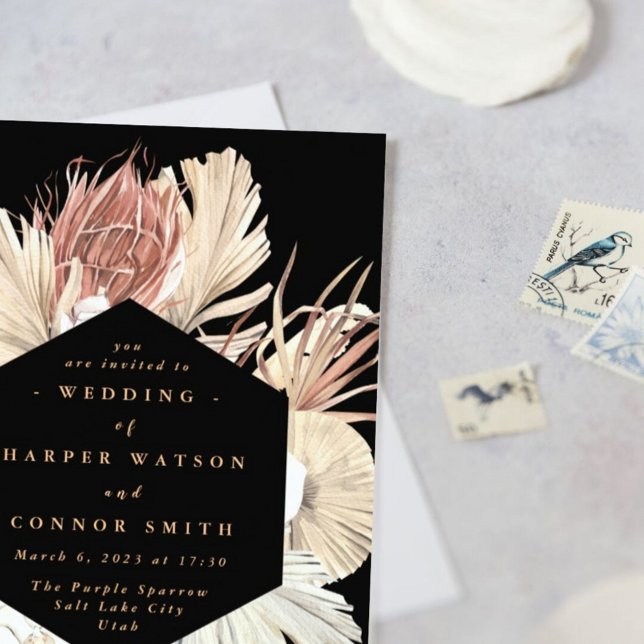 Floral Pampas Grass Tropischer Dschungel Schwarz Einladung (Von Creator hochgeladen)