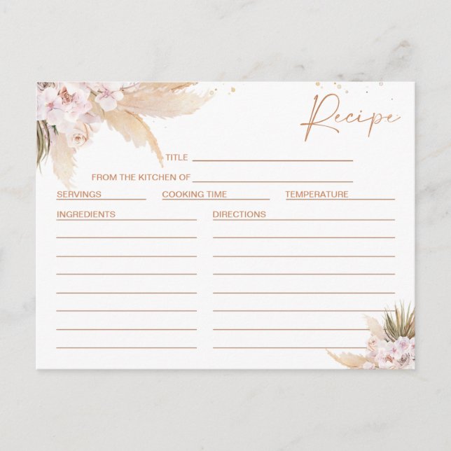 Floral Pampas Rose Gold Brautparty Rezept Karte (Vorderseite)