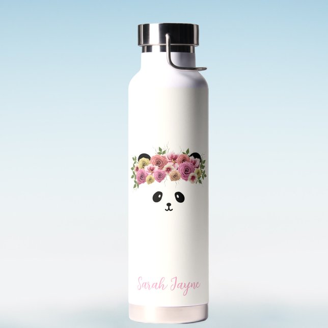 Floral Panda Bear Girl Individuelle Name Wasser Fl Trinkflasche (Pretty White panda water bottle with space for your name)