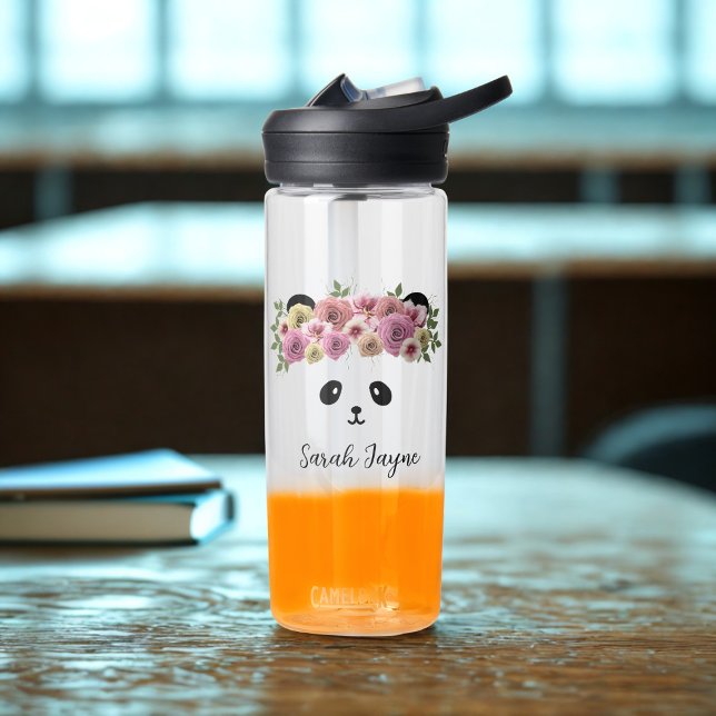 Floral Panda Bear Girl Name Trinkflasche (A pretty panda bear with flowers in her hair! Just add your name to this cute water bottle)