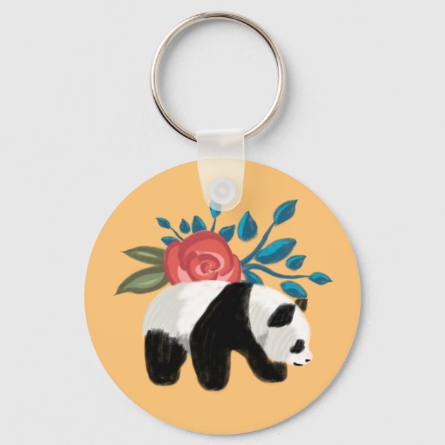 Floral Panda mit Rose auf Peach Schlüsselanhänger (Vorderseite)